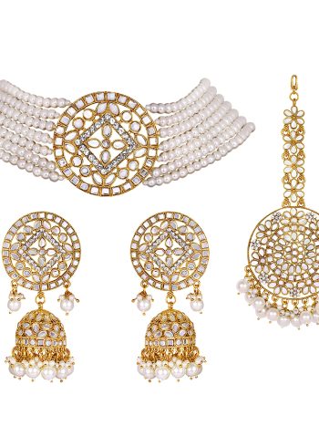 Choker Set Glided with Kundan and Pearls - White