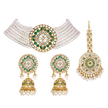 Choker Set Glided with Kundan and Pearls - Peacock Green