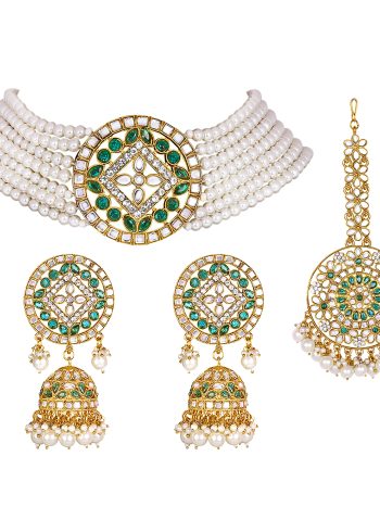 Choker Set Glided with Kundan and Pearls - Peacock Green
