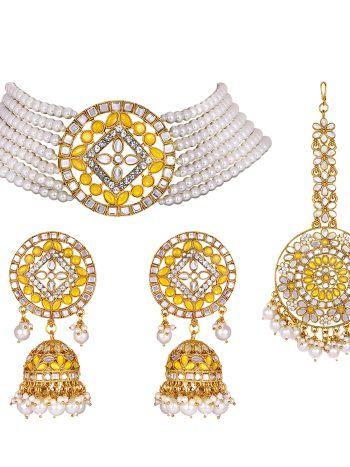 Choker Set Glided with Kundan and Pearls - Yellow