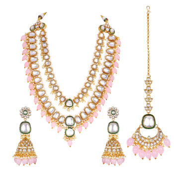 Classy Wedding Kundan and Color Bids Necklace Set - Light Pink