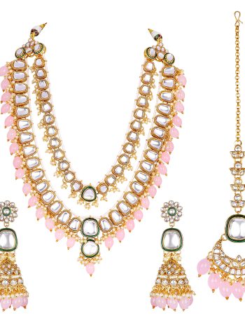 Classy Wedding Kundan and Color Bids Necklace Set - Light Pink