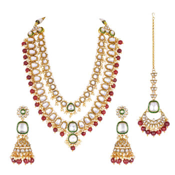 Classy Wedding Kundan and Color Bids Necklace Set - Ruby