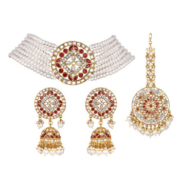 Choker Set Glided with Kundan and Pearls - Maroon
