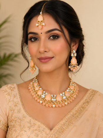 Peach Kundan Necklace Set with Earrings & Maang Tikka – Gold Plated Bridal Jewelry Set for Wedding & Traditional Wear