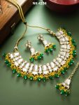 Green Pink Beads Kundan Bridal Necklace Set with Earrings – Gold Plated Indian Wedding Jewelry
