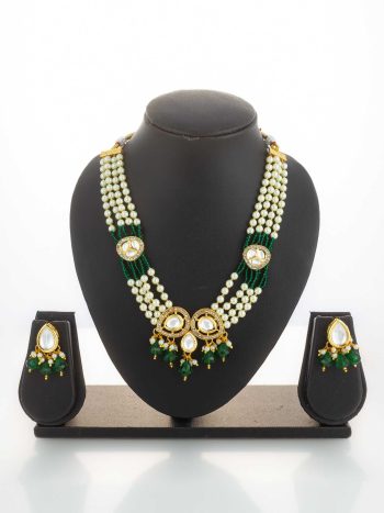 Green Beads Kundan Bridal Necklace Set with Earrings & Maang Tikka – Gold Plated Indian Wedding Jewelry
