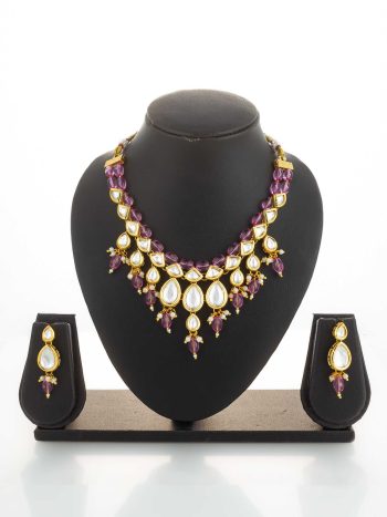 Pink Beads Kundan Bridal Necklace Set with Earrings & Maang Tikka – Gold Plated Indian Wedding Jewelry