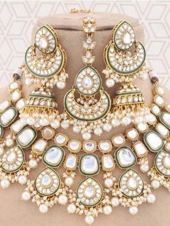 Kundan Bridal Necklace Set with Earrings & Maang Tikka – Gold Plated Traditional Indian Wedding Jewelry