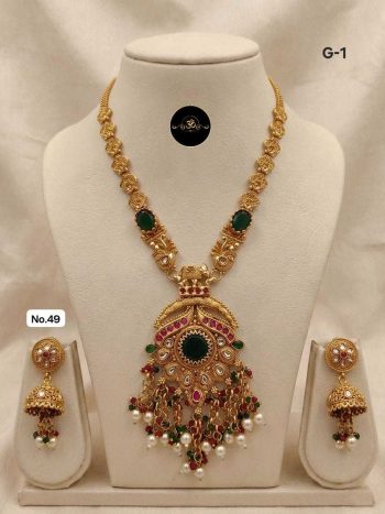 Heritage Pearl Rajwadi Long Necklace Set – Regal Ethnic Jewelry for Grand Celebrations